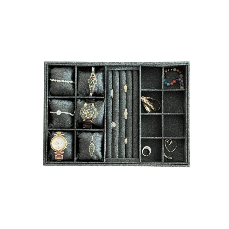 Jewelbox Süet Deri Siyah Saat,Yüzük,Kolye Takı Standı 24x34 cm - 1