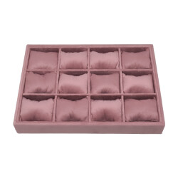 Jewelbox Süet Kumaş Pembe Renk 34x24 cm 12 Yastıklı Çekmece İçi Saat ve Takı Kutusu - 4