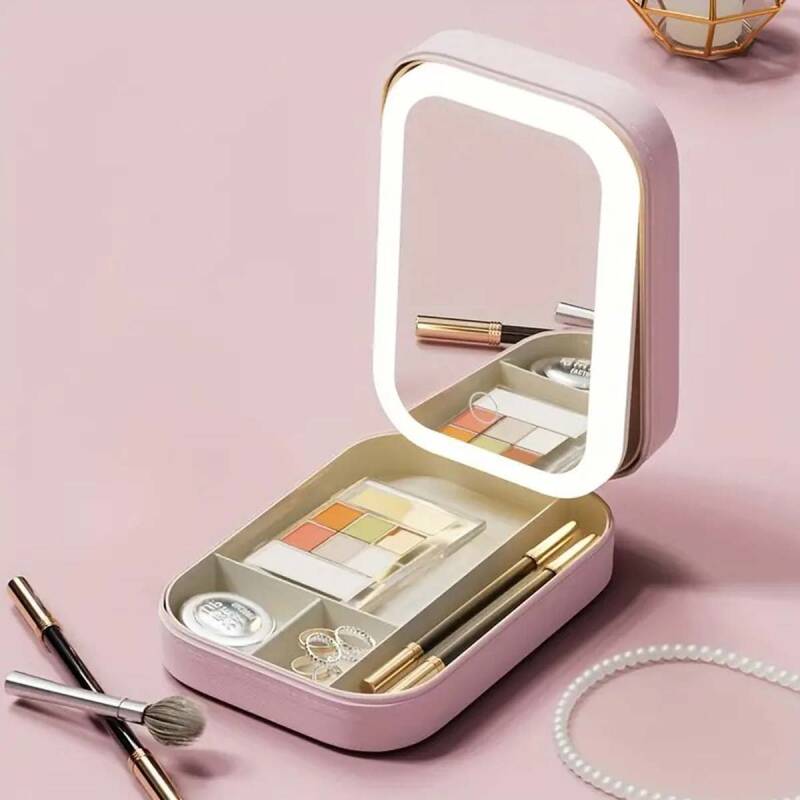 Makeup Bag Aynalı Led Işıklı Katlanabilir Pembe Makyaj Kutusu - 1