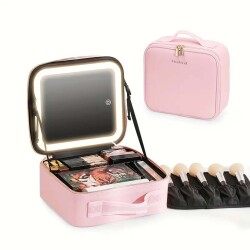 Makeup Bag Aynalı Led Işıklı Pembe Seyahat Makyaj Çantası - 3