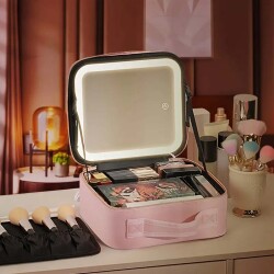 Makeup Bag Aynalı Led Işıklı Pembe Seyahat Makyaj Çantası - 4