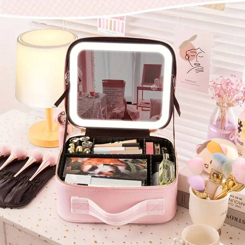 Makeup Bag Aynalı Led Işıklı Pembe Seyahat Makyaj Çantası - 1