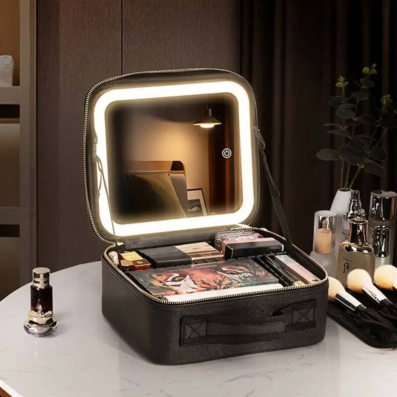 Makeup Bag Aynalı Led Işıklı Siyah Seyahat Makyaj Çantası - 1